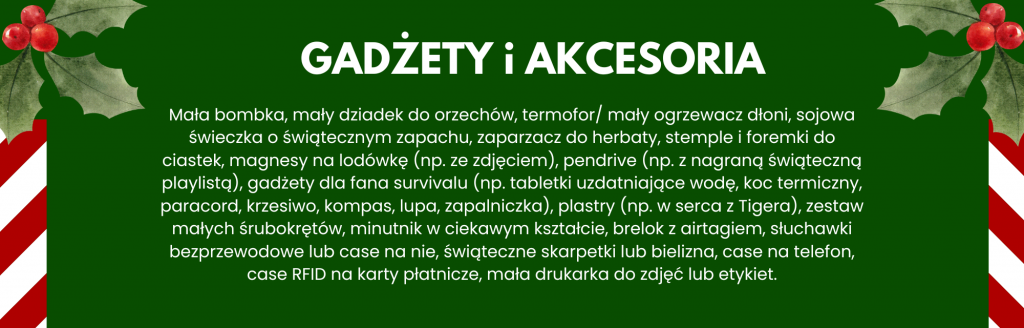 Mała bombka, mały dziadek do orzechów, termofor/ mały ogrzewacz dłoni, sojowa świeczka o świątecznym zapachu, zaparzacz do herbaty, stemple i foremki do ciastek, magnesy na lodówkę (np. ze zdjęciem), pendrive (np. z nagraną świąteczną playlistą), gadżety dla fana survivalu (np. tabletki uzdatniające wodę, koc termiczny, paracord, krzesiwo, kompas, lupa, zapalniczka), plastry (np. w serca z Tigera), zestaw małych śrubokrętów, minutnik w ciekawym kształcie, brelok z airtagiem, słuchawki bezprzewodowe lub case na nie, świąteczne skarpetki lub bielizna, case na telefon, case RFID na karty płatnicze, mała drukarka do zdjęć lub etykiet.